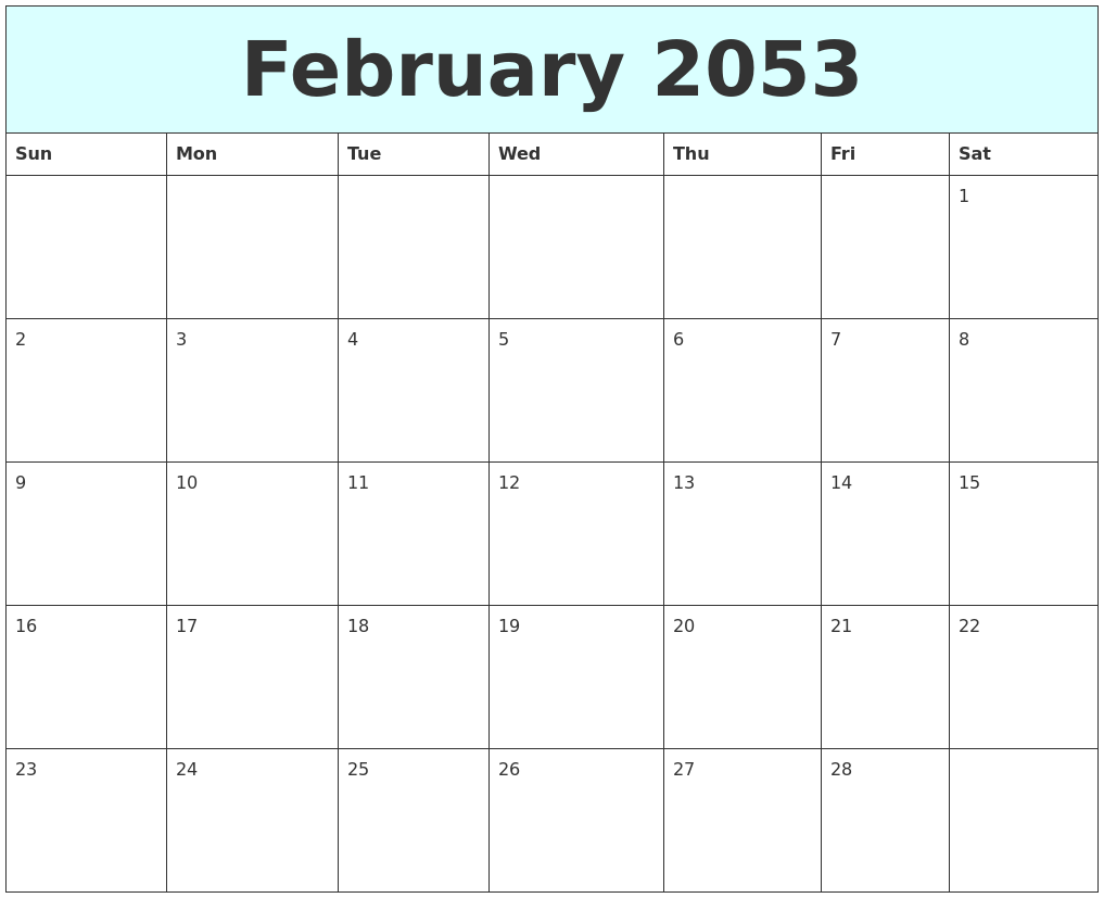 February 2053 Free Calendar