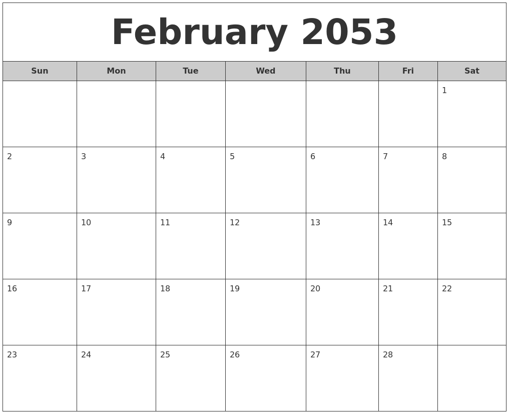 February 2053 Free Monthly Calendar