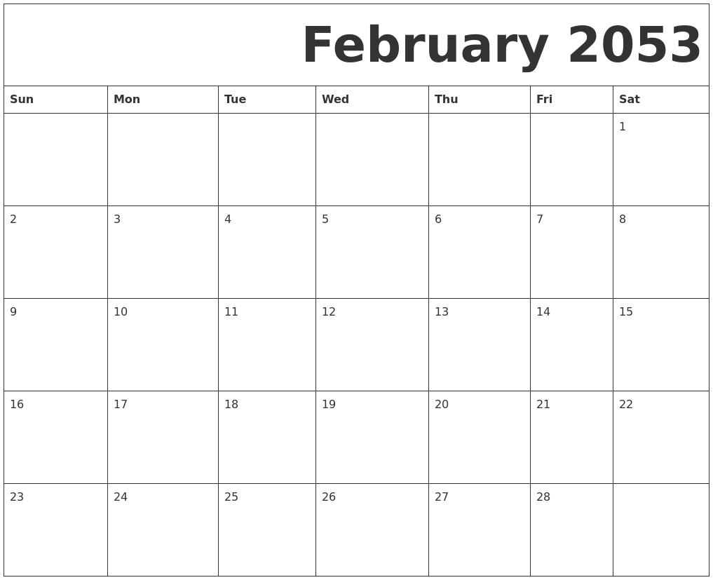 February 2053 Free Printable Calendar