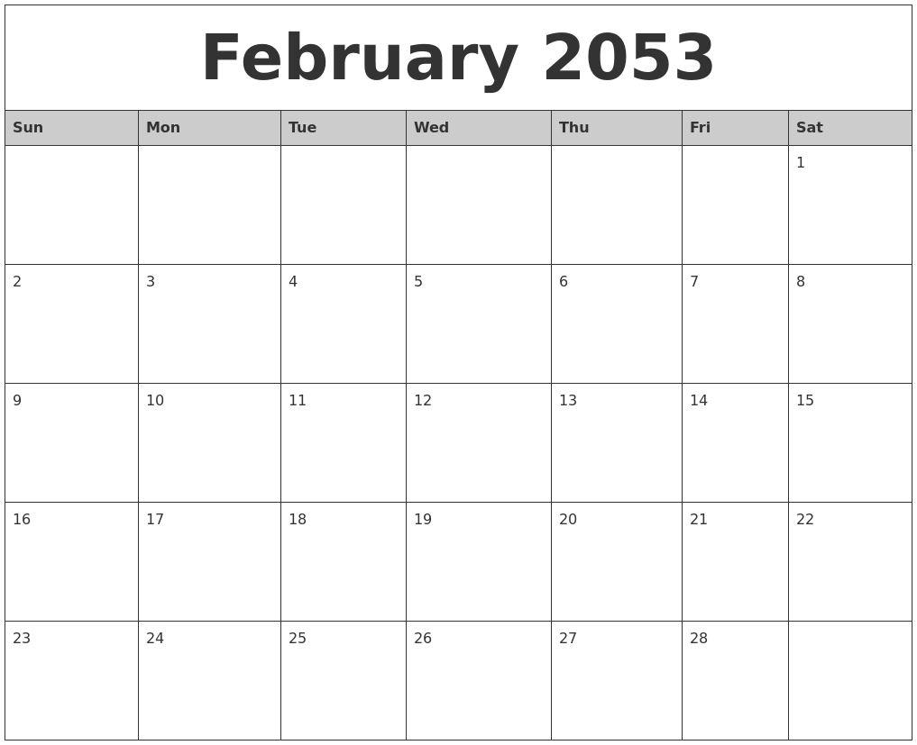 February 2053 Monthly Calendar Printable