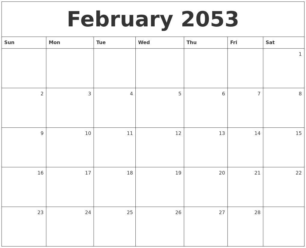 February 2053 Monthly Calendar