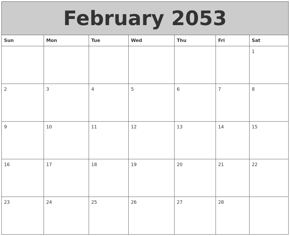 February 2053 My Calendar