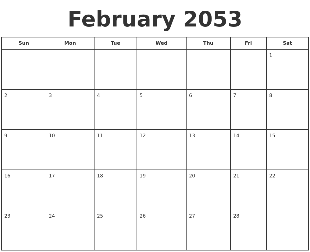 February 2053 Print A Calendar