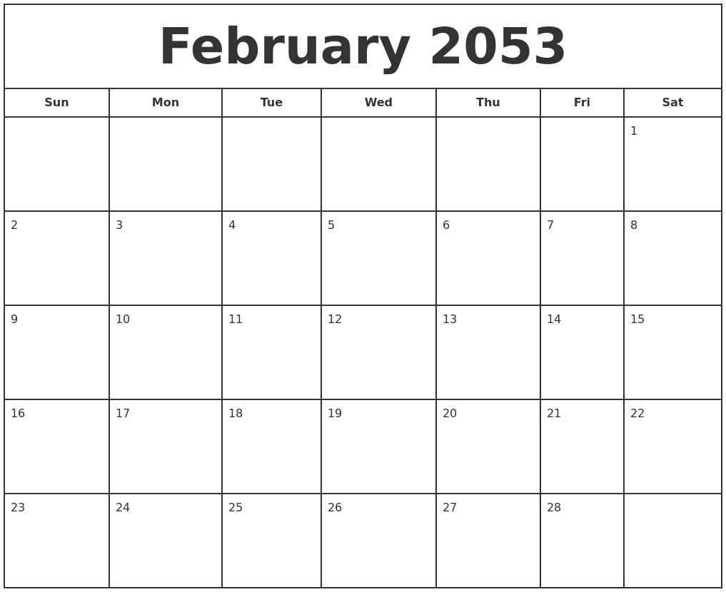February 2053 Print Free Calendar