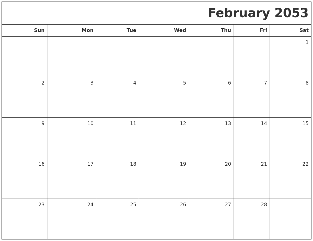 February 2053 Printable Blank Calendar