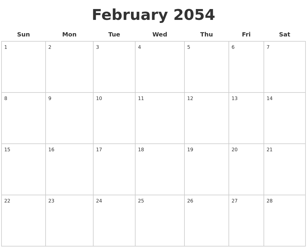 February 2054 Blank Calendar Pages