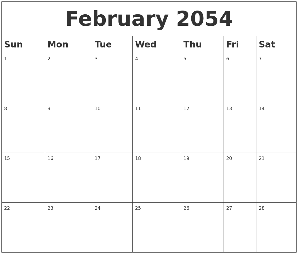 February 2054 Blank Calendar