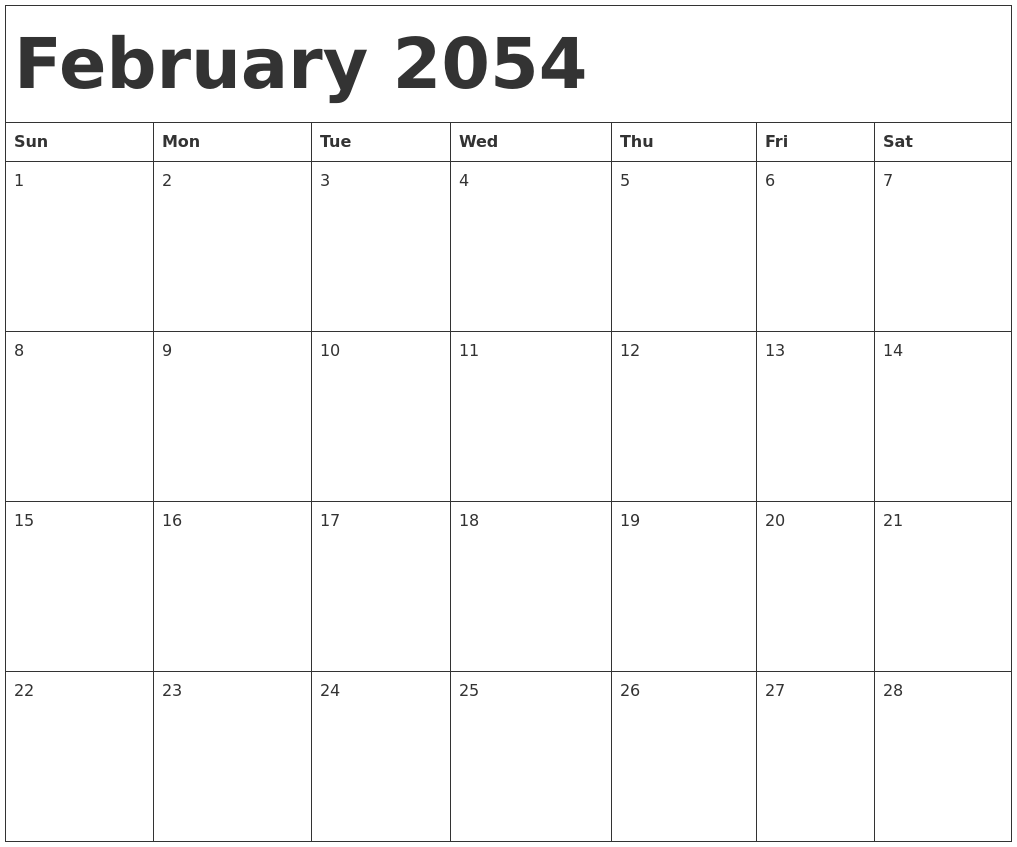 February 2054 Calendar Template