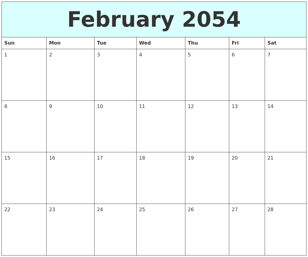 February 2054 Free Calendar