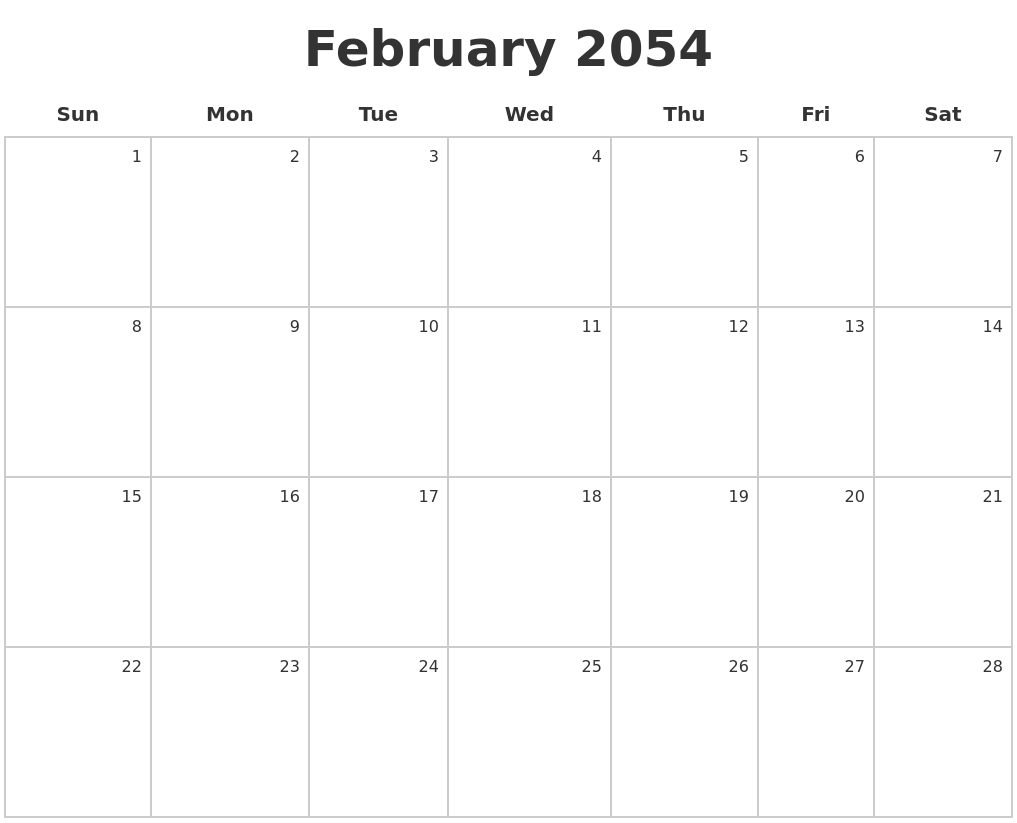 February 2054 Make A Calendar