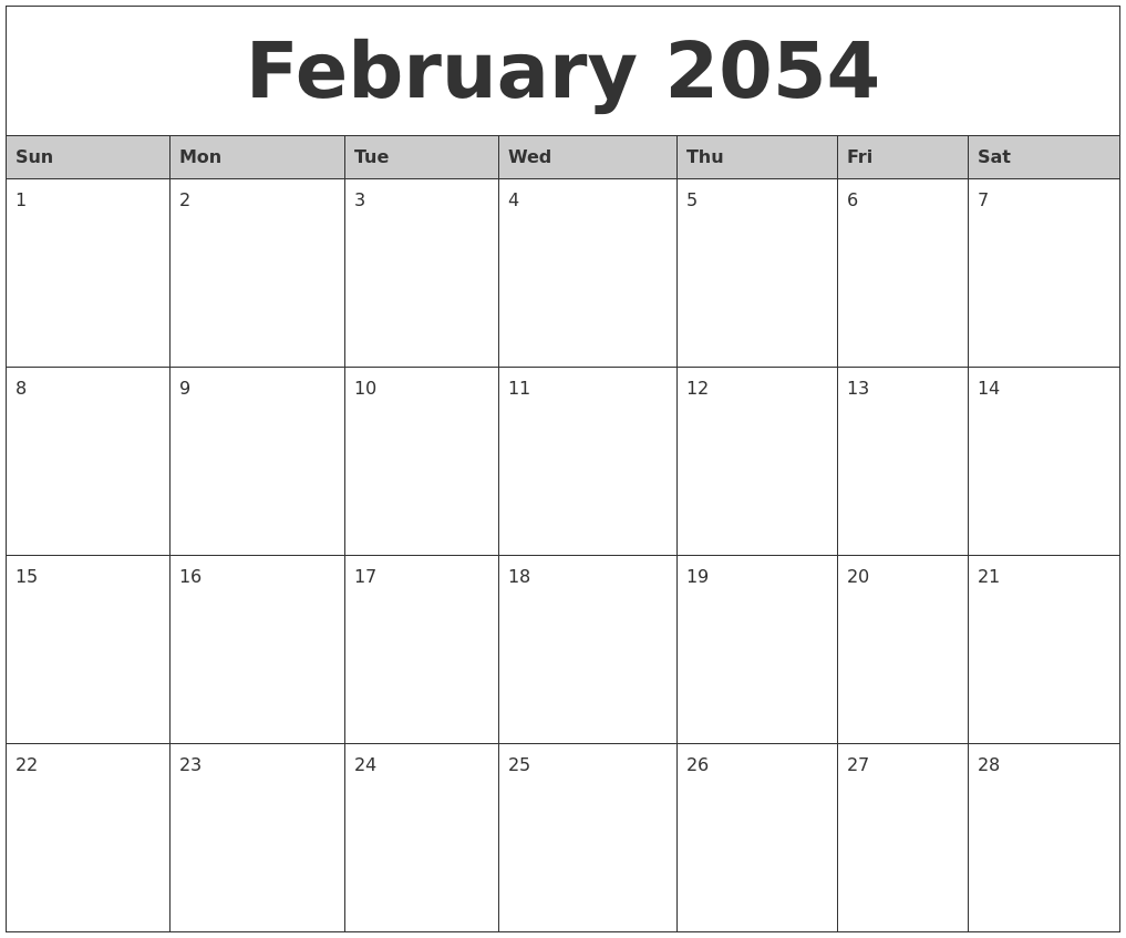 February 2054 Monthly Calendar Printable