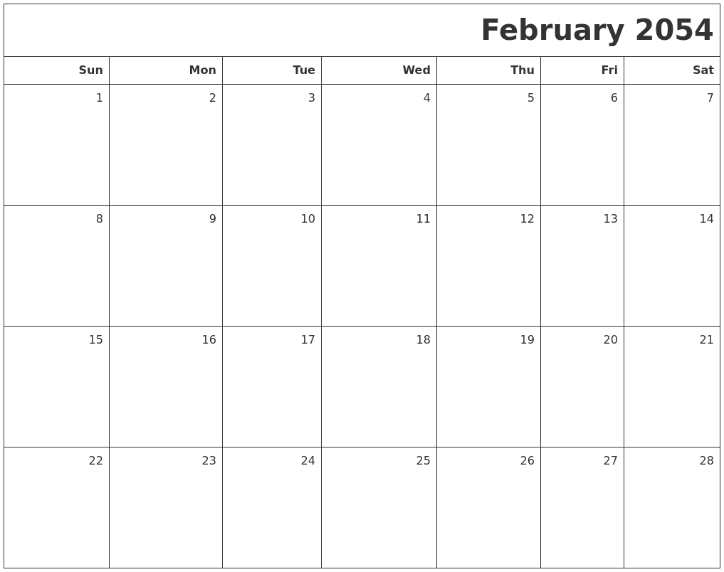 February 2054 Printable Blank Calendar