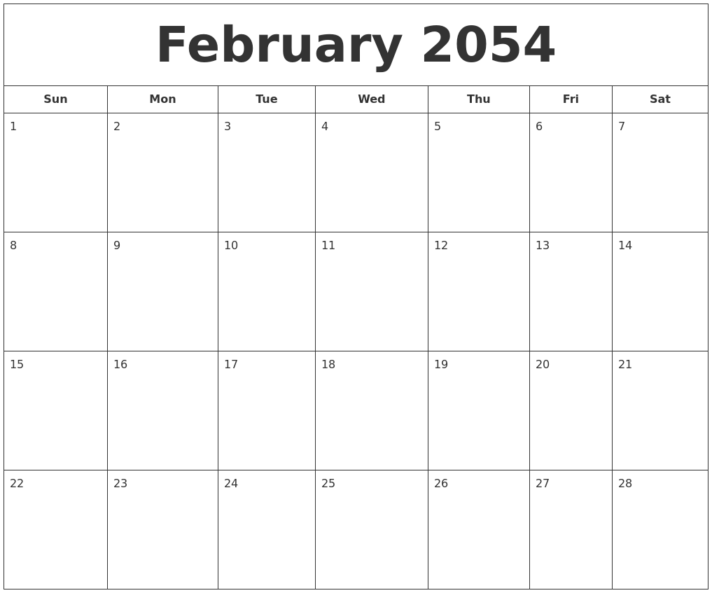 February 2054 Printable Calendar