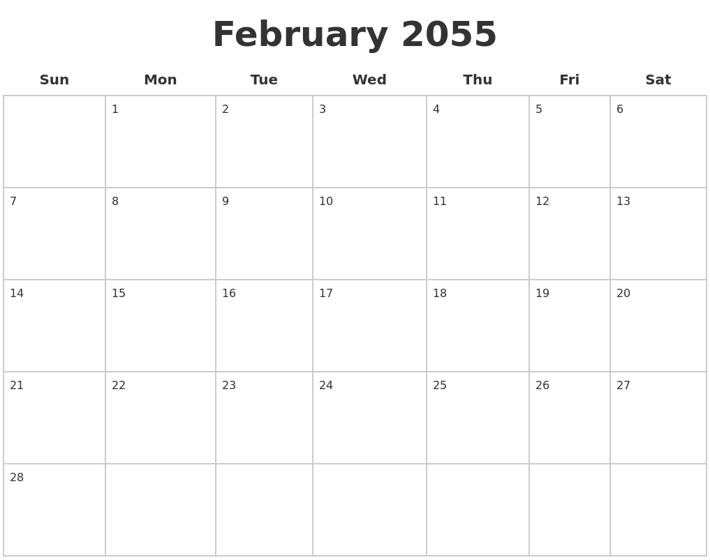 February 2055 Blank Calendar Pages