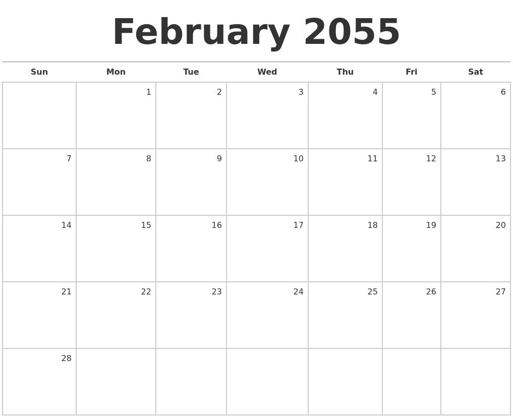 February 2055 Blank Monthly Calendar
