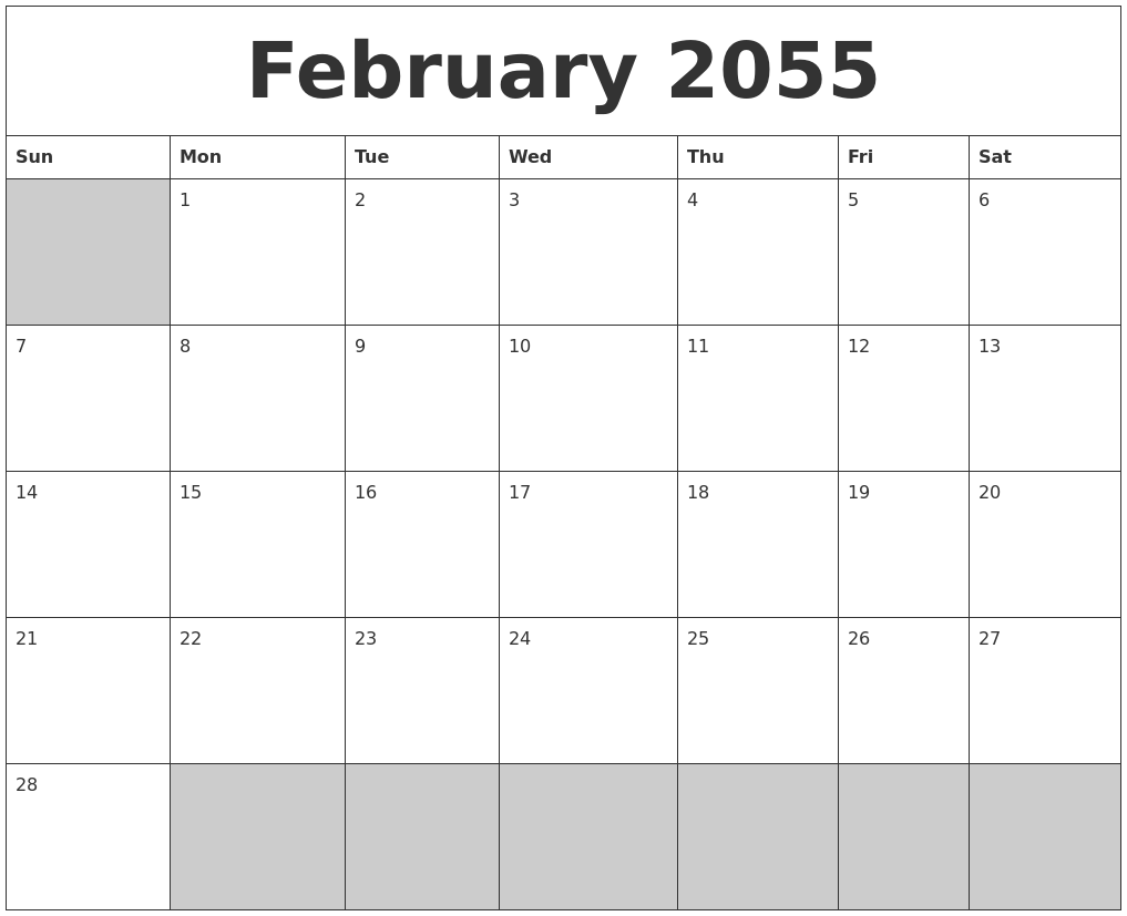 February 2055 Blank Printable Calendar