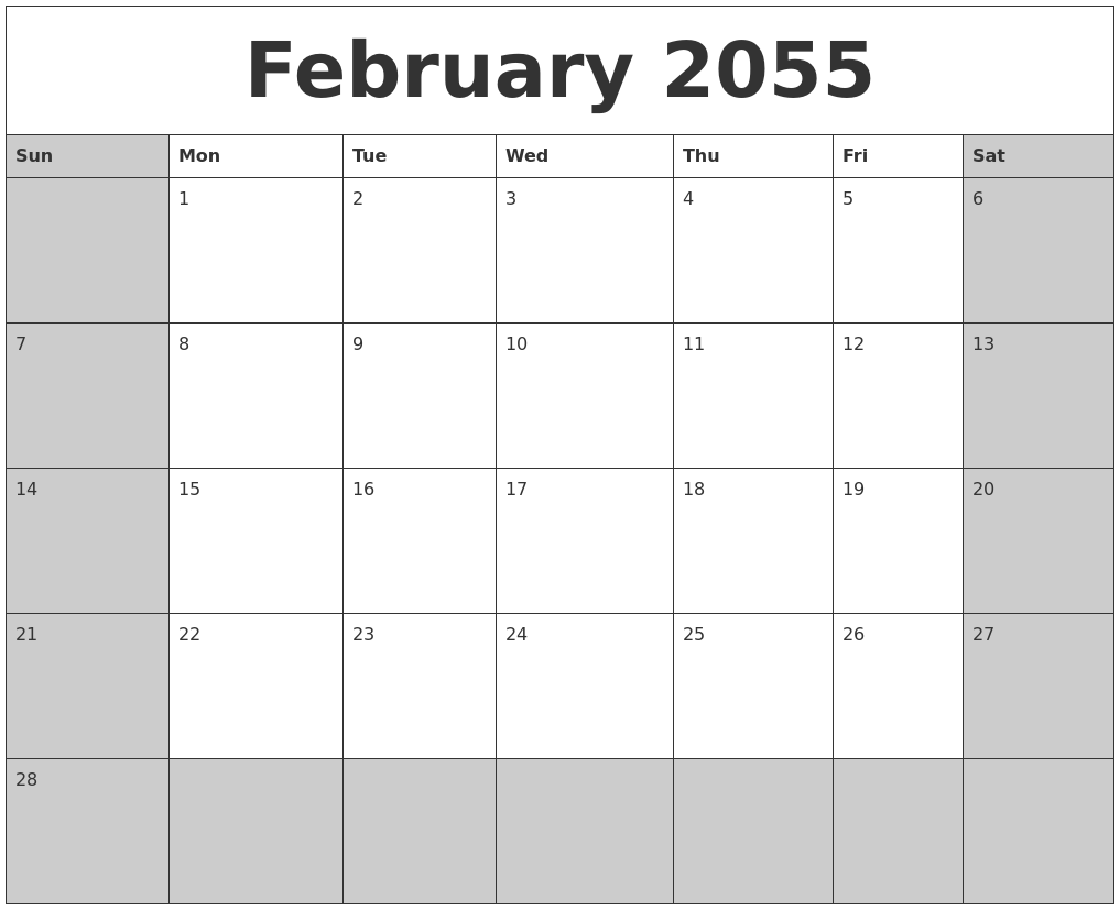February 2055 Calanders