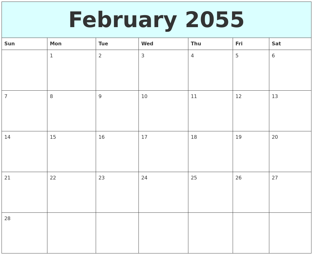 February 2055 Free Calendar