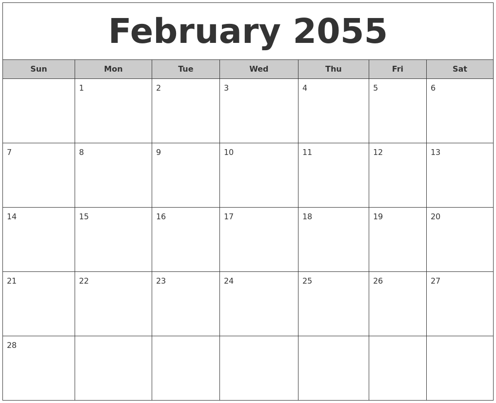 February 2055 Free Monthly Calendar