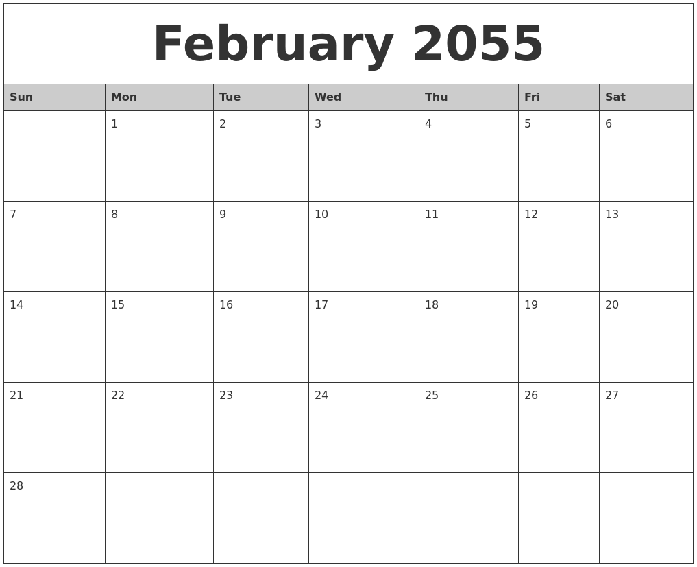 February 2055 Monthly Calendar Printable