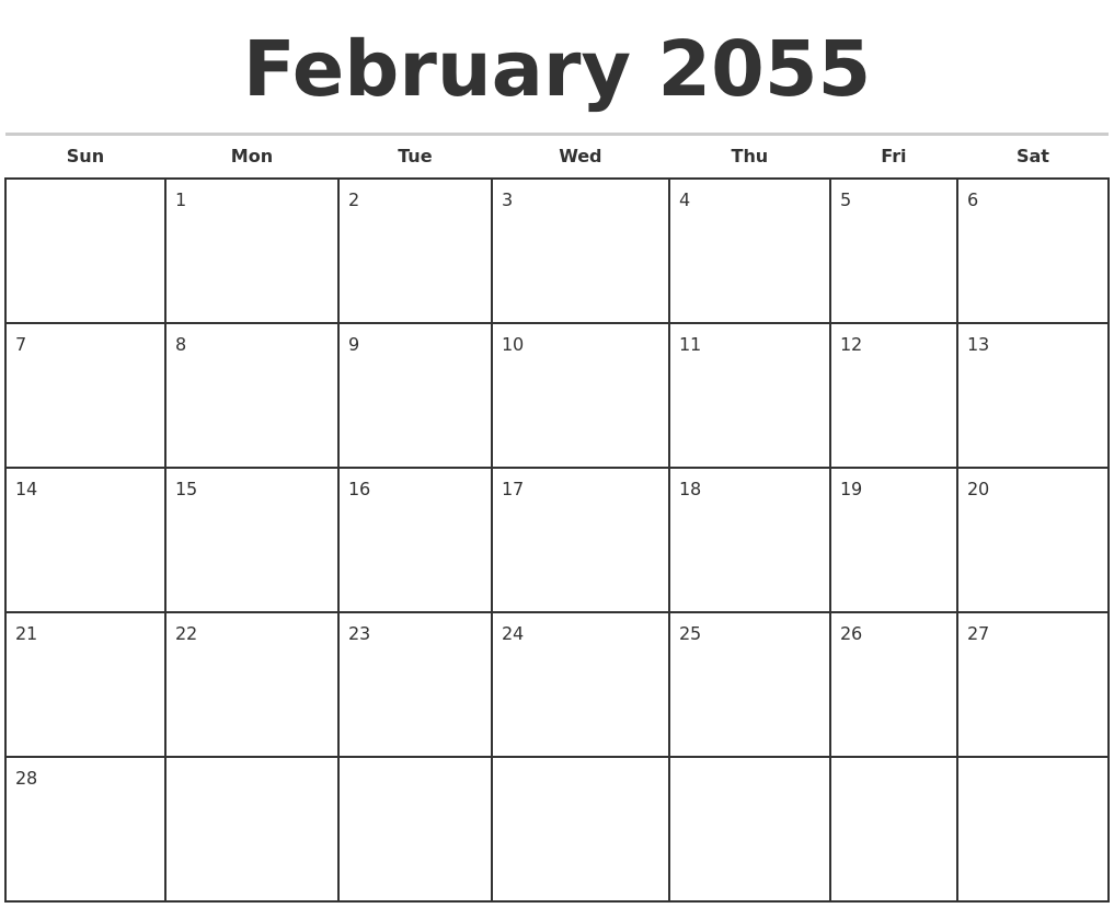 February 2055 Monthly Calendar Template
