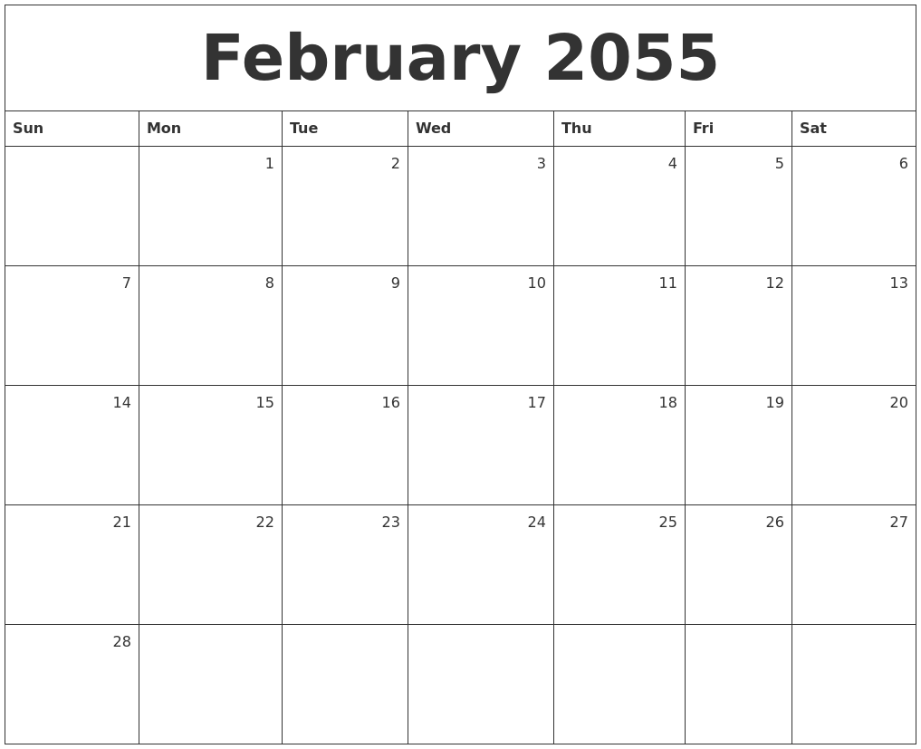 February 2055 Monthly Calendar