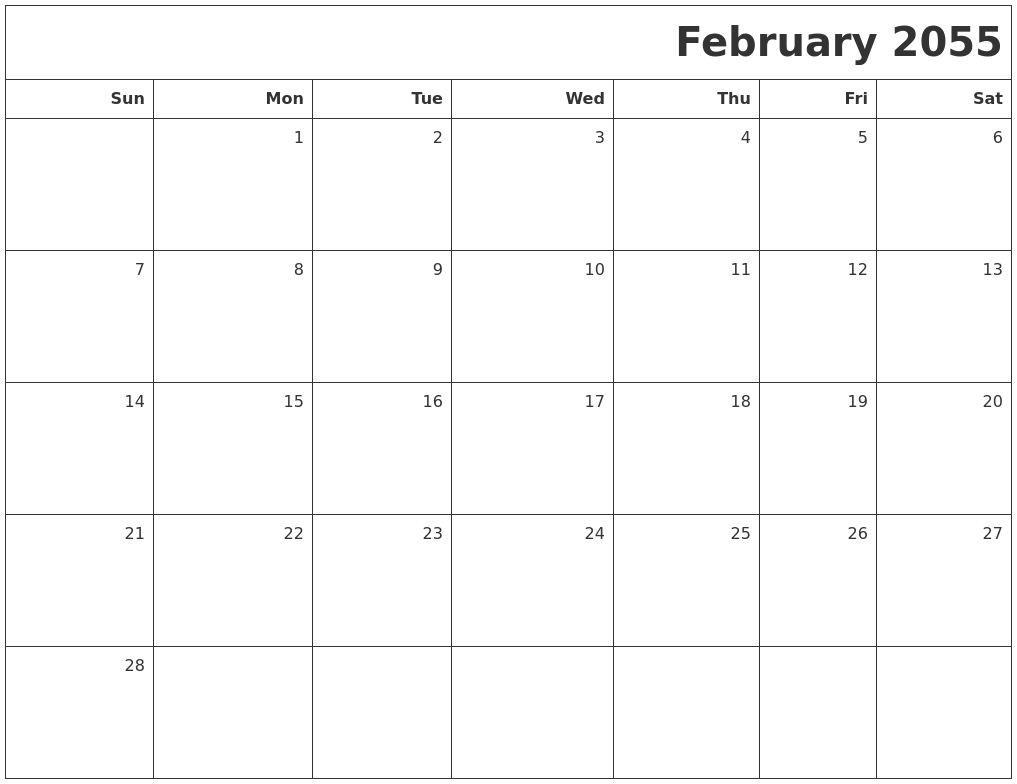 February 2055 Printable Blank Calendar