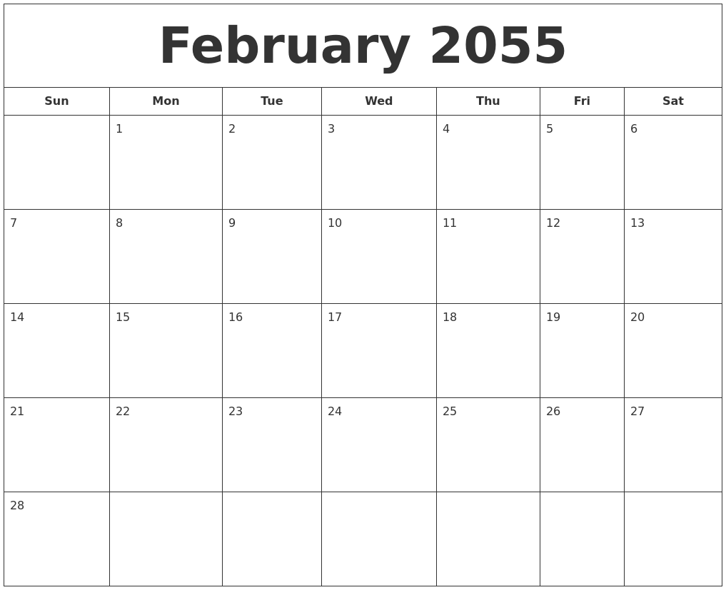 February 2055 Printable Calendar