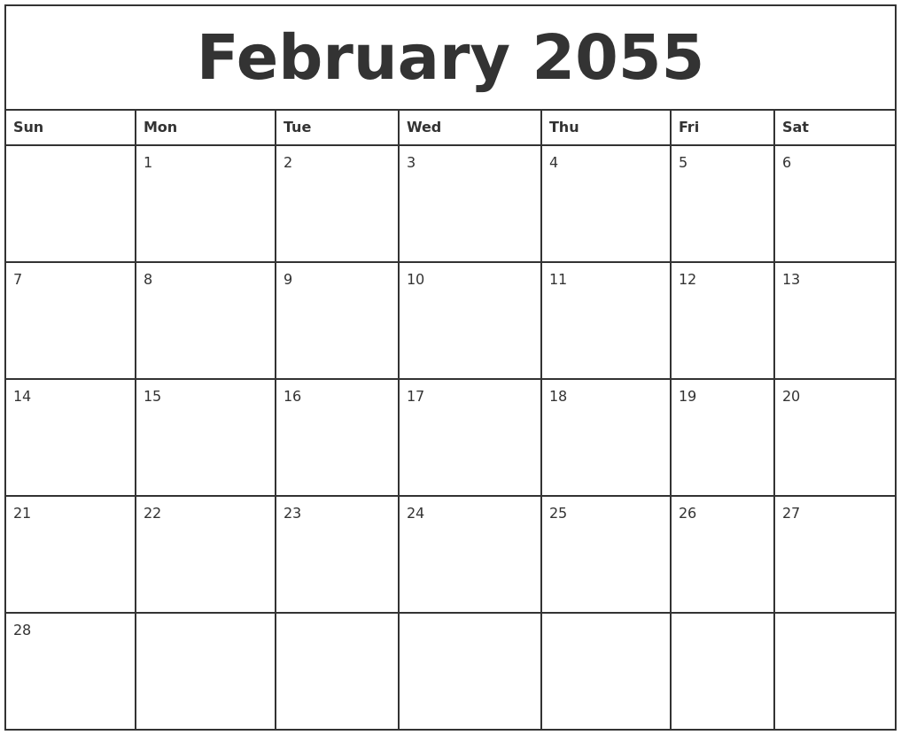 February 2055 Printable Monthly Calendar