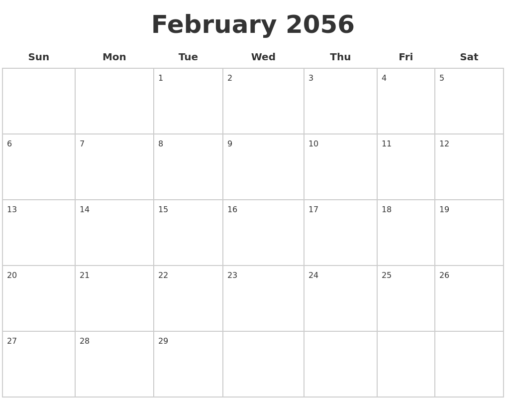 February 2056 Blank Calendar Pages
