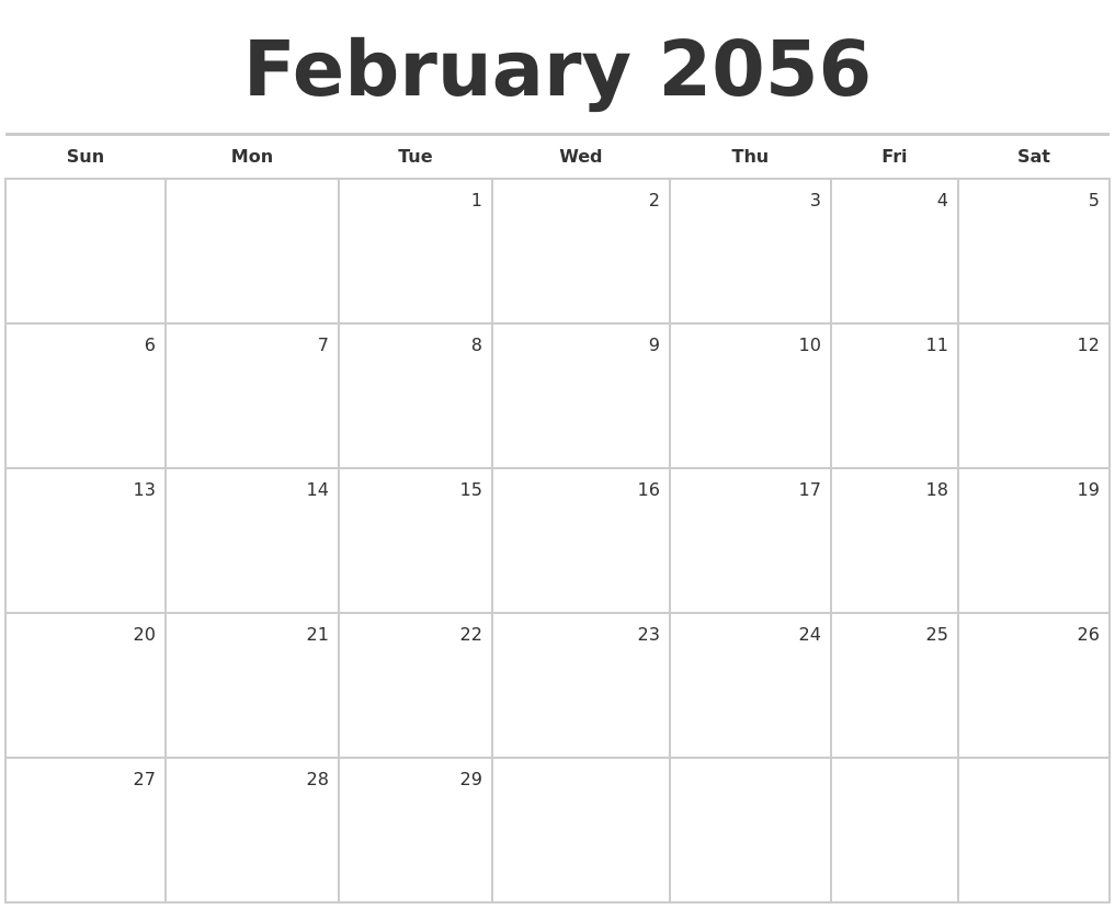 February 2056 Blank Monthly Calendar