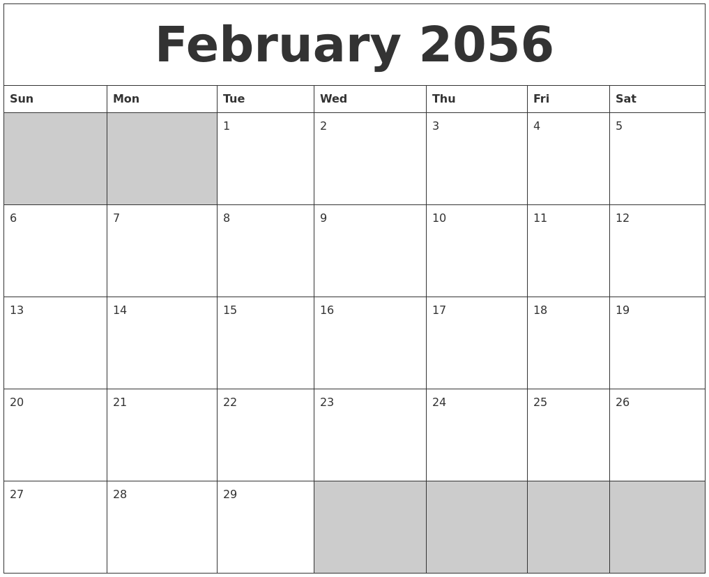 February 2056 Blank Printable Calendar