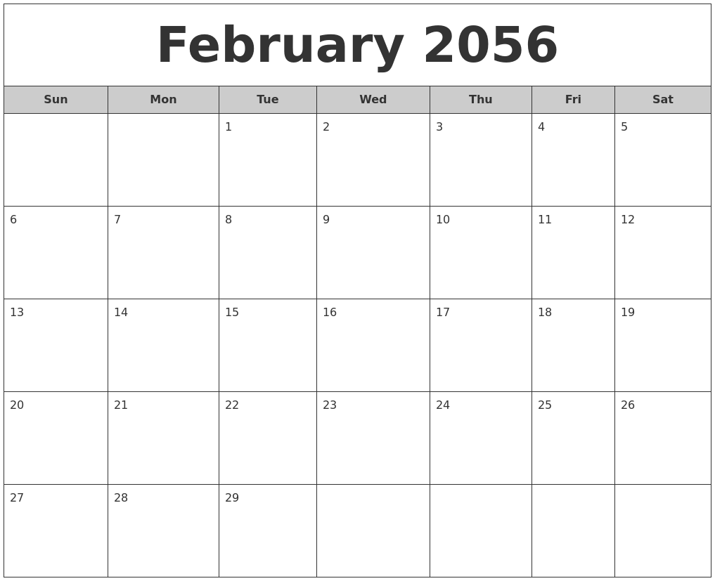 February 2056 Free Monthly Calendar