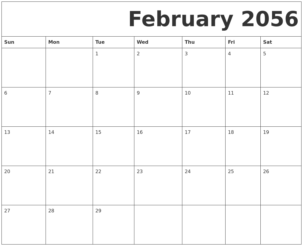 February 2056 Free Printable Calendar