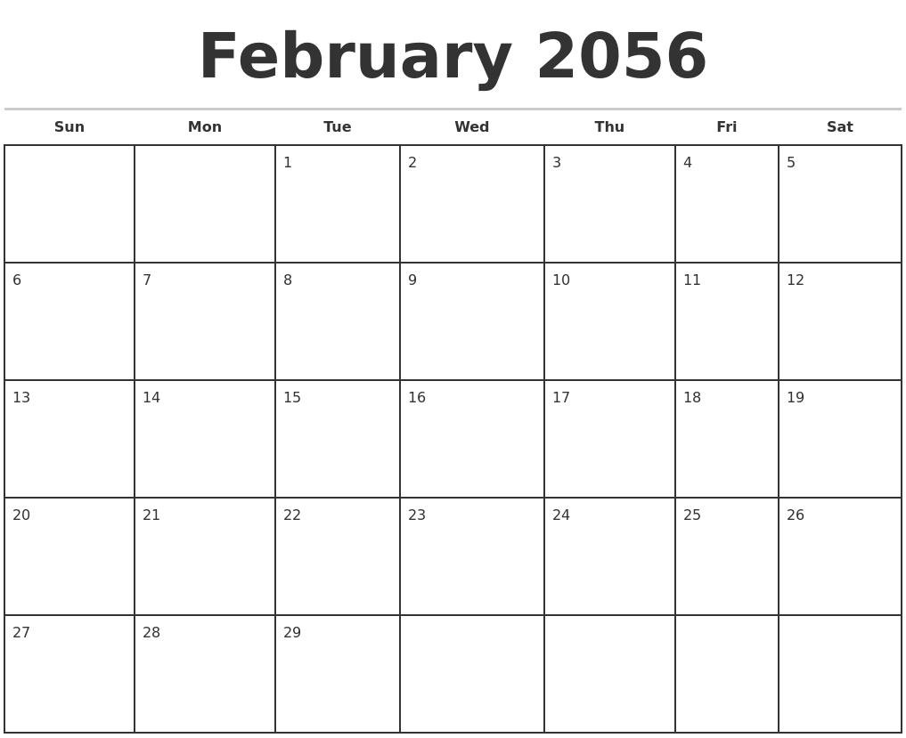 February 2056 Monthly Calendar Template