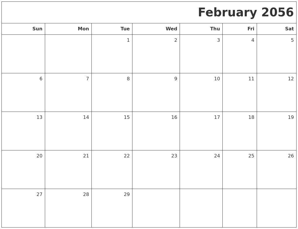 February 2056 Printable Blank Calendar