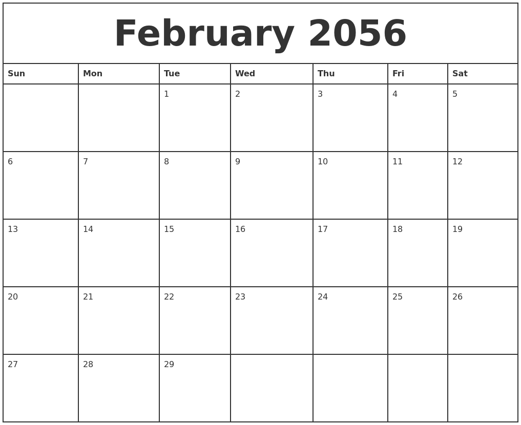 February 2056 Printable Monthly Calendar
