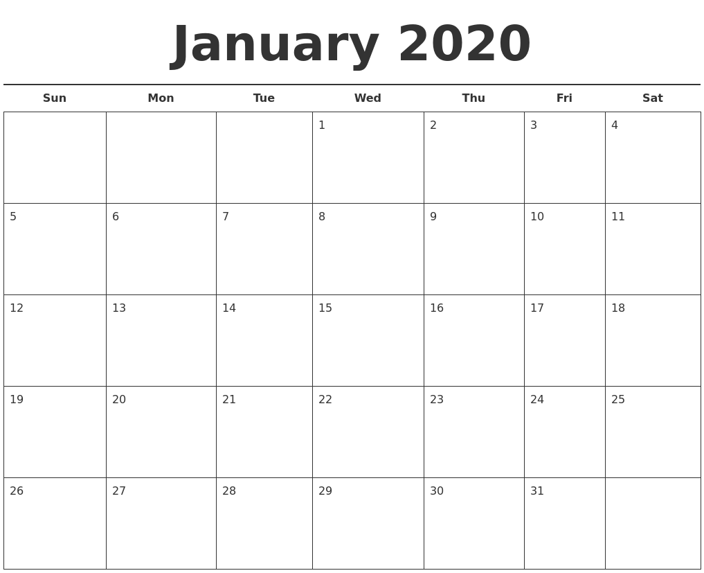 January 2020 Free Calendar Template