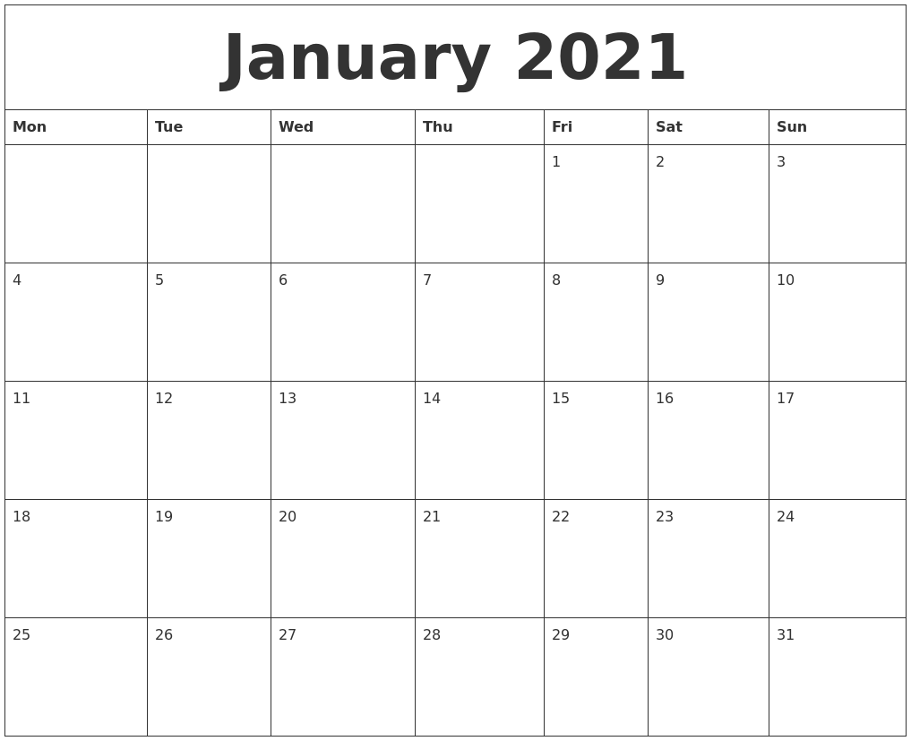 Downloadable January 2021 Printable Calendar