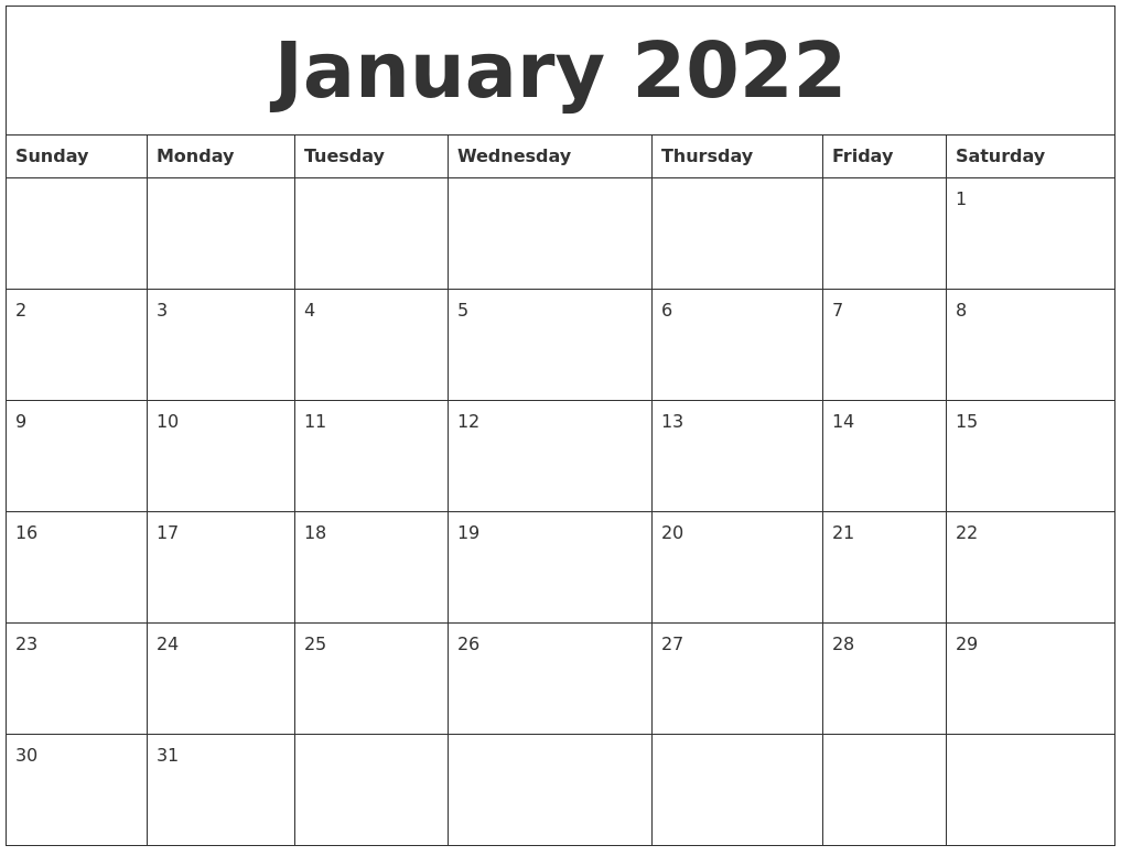 January 2022 Calendar Free Printable