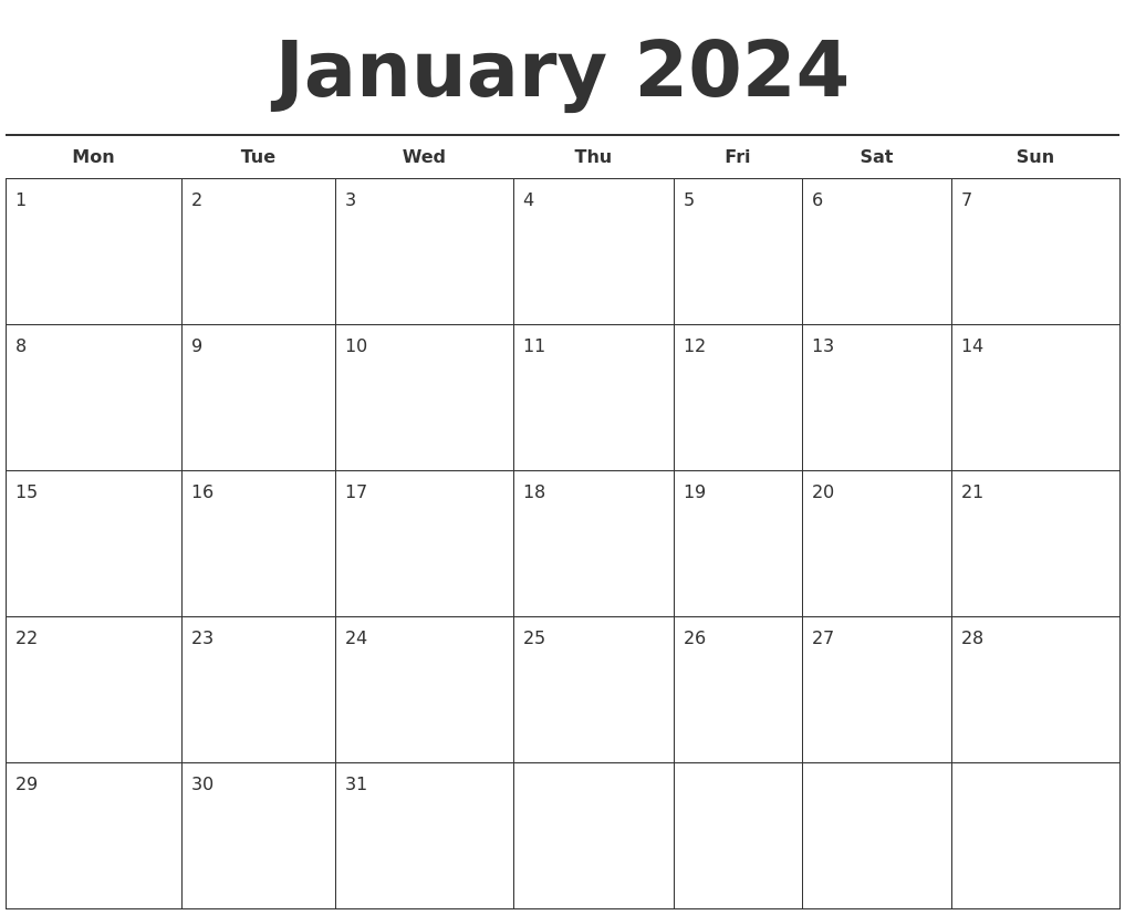 January 2024 Free Calendar Template