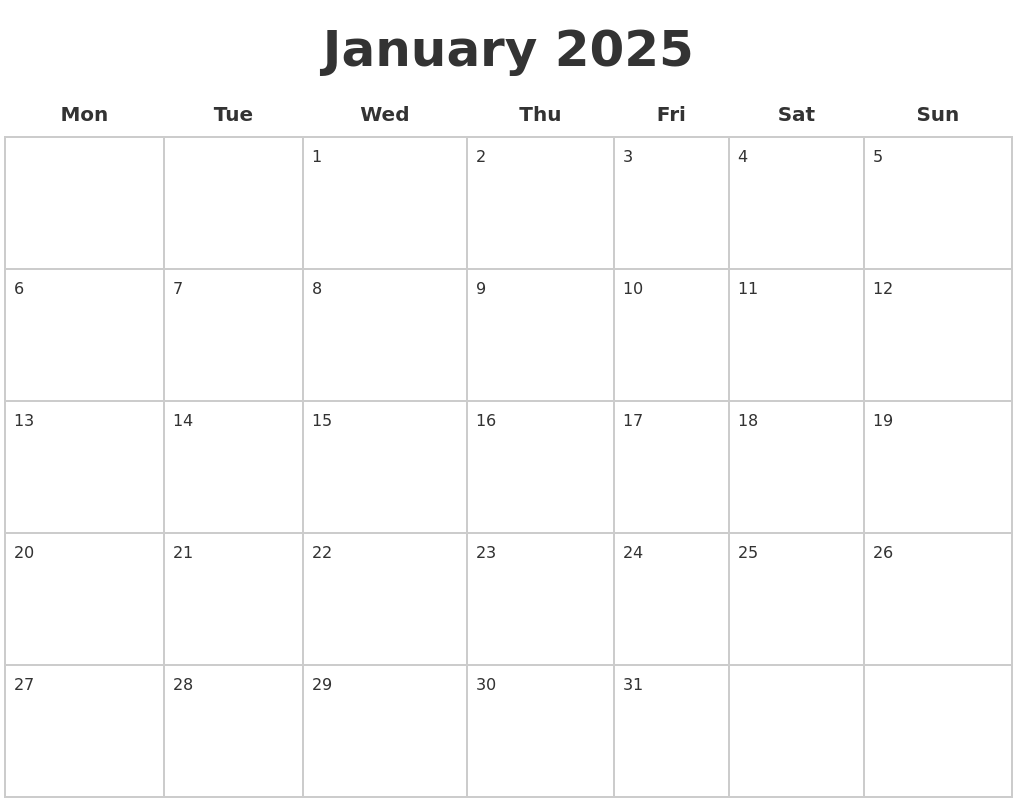 Free Printable January 2025 Calendar Page 
