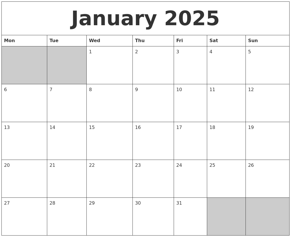 January 2025 Blank Printable Calendar