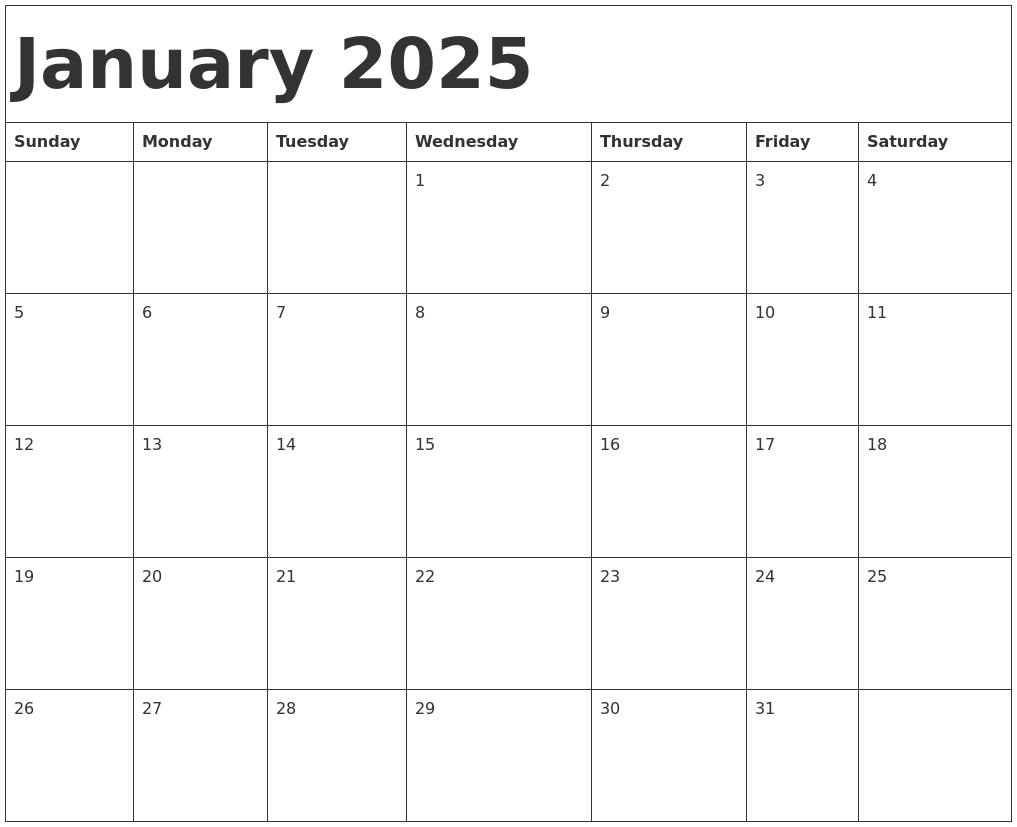 Free Printable January 2025 Calendar Page 