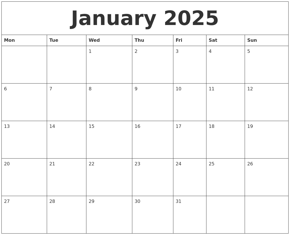 January 2025 Large Printable Calendar