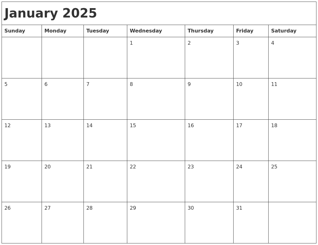 January 2025 Month Calendar