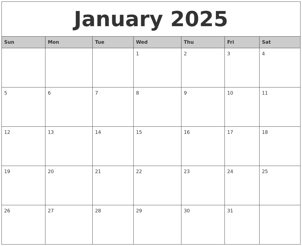 Free Printable Calendar 2025 January