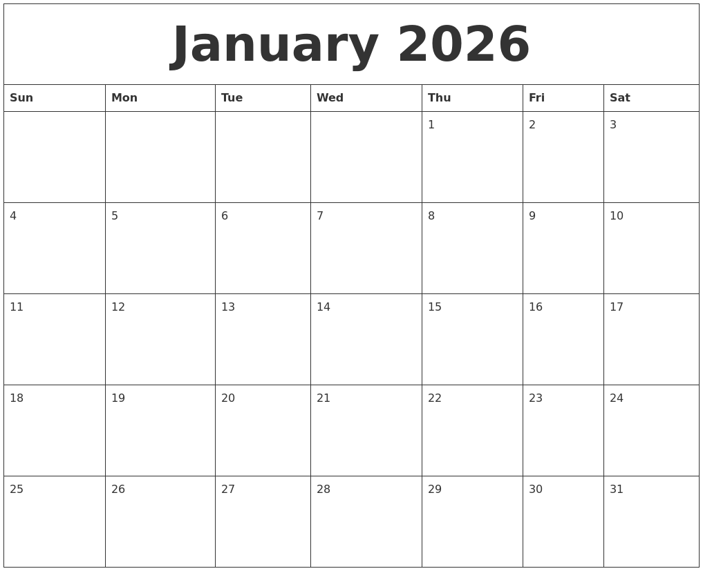 January 2026 Blank Monthly Calendar Pdf