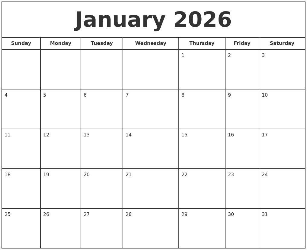 January 2026 Print Free Calendar