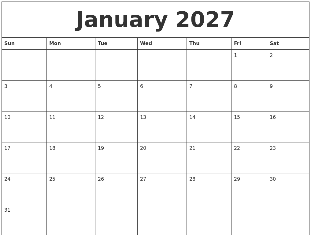 January 2027 Free Blank Calendar Template